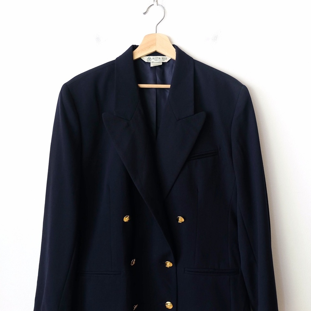 Austin Reed Vintage Navy Double-Breasted Wool Blazer Jacket Womens
